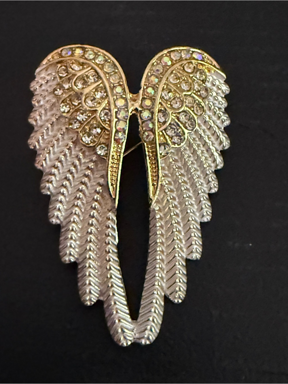 Gold and Silver Angel Wings Brooch with Crystal Accents